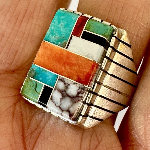 Anillo Turquesa Multi Piedra Incrustación Para Hombre Talla 12.5 Navajo Esterlina Firmado T Jack 21mm - Imagen 2 de 8