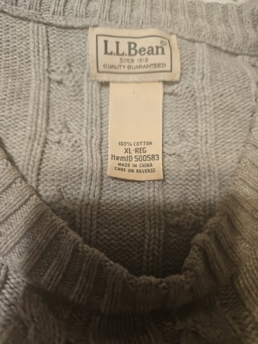 L.L. Bean Cable Knit Fisherman Sweater Men's XLR Gray Chunky 100% Cotton - Picture 2 of 4
