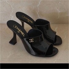 CHANEL Women s Black Patent Leather Logo Slip-On Open Toe Block Mule Heels