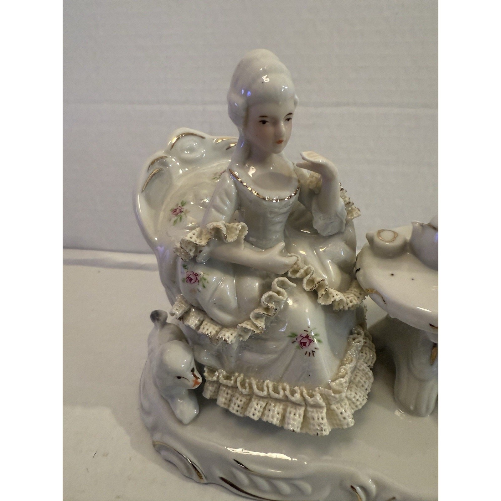 Vintage Rare Lace Porcelain Teaparty Tea Set Poodle Romantic Couple Figurine!