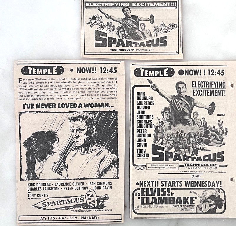 3 1967 newspaper ads for movie "Spartacus' - Kirk Douglas, Roman slave revolt