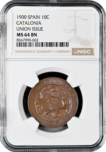 Spain 10 centimos 1900, NGC MS65 BN, "Catalonia: Catalanist Union" Top Pop