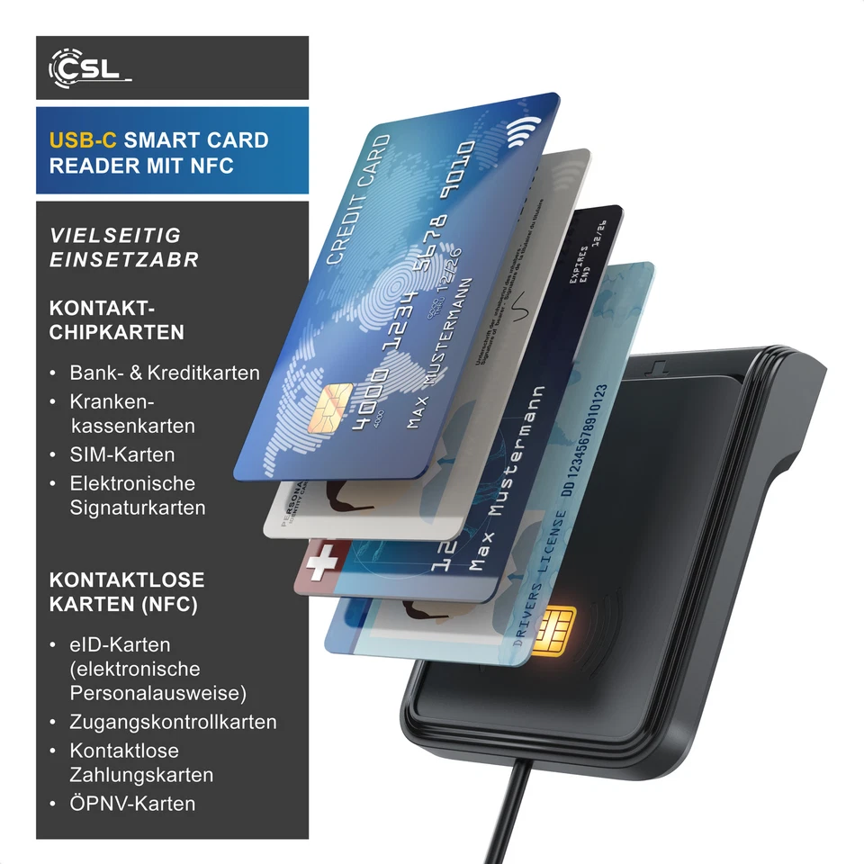 CSL CR USB 2.0 Dual Chipkartenlesegerät USB-C NFC Smartcard Schwarz 1,5m Kabel - Bild 3 von 4