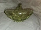 Fenton Art Glass Olive Green Daisy and Button Split Twig Handle Basket