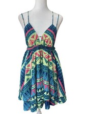 VTG Y2K Voom by Joy Han colorful Aztec tiered flowy boho smocked waist dress S