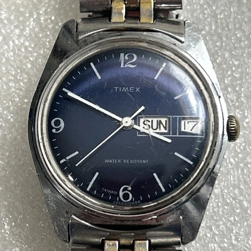 Men’s Vintage Timex Day Date Manual Wind Wristwatch SPEIDEL BAND BLUE DIAL NICE!