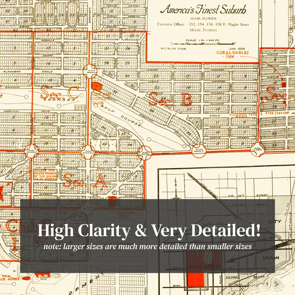 Antiguo mapa de Coral Gables, FL 1924 - Flor de Coral Gables de colección Foto 2 de 4
