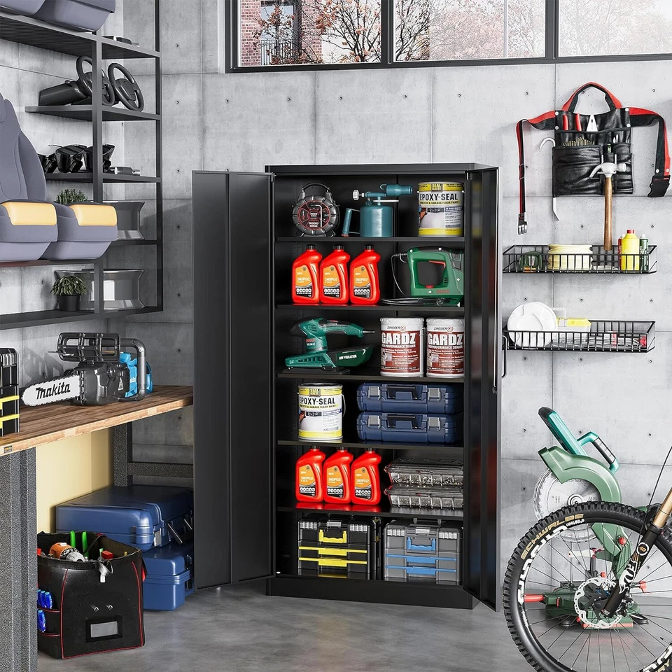 Armario de almacenamiento de garaje de metal con 4 estantes ajustables 2 puertas de cierre para el hogar Foto 3 de 4