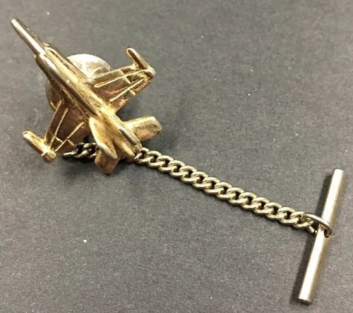 Vintage Men Tie Tack Pin Jet Fighter Plane W/ Chain Gold Tone Pilot Fashion - Picture 4 of 5