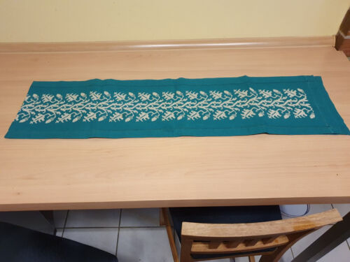 Tischläufer Leinen handgestickt von meiner Urgroßmutter grün 180x23,5cm - Bild 1 von 4