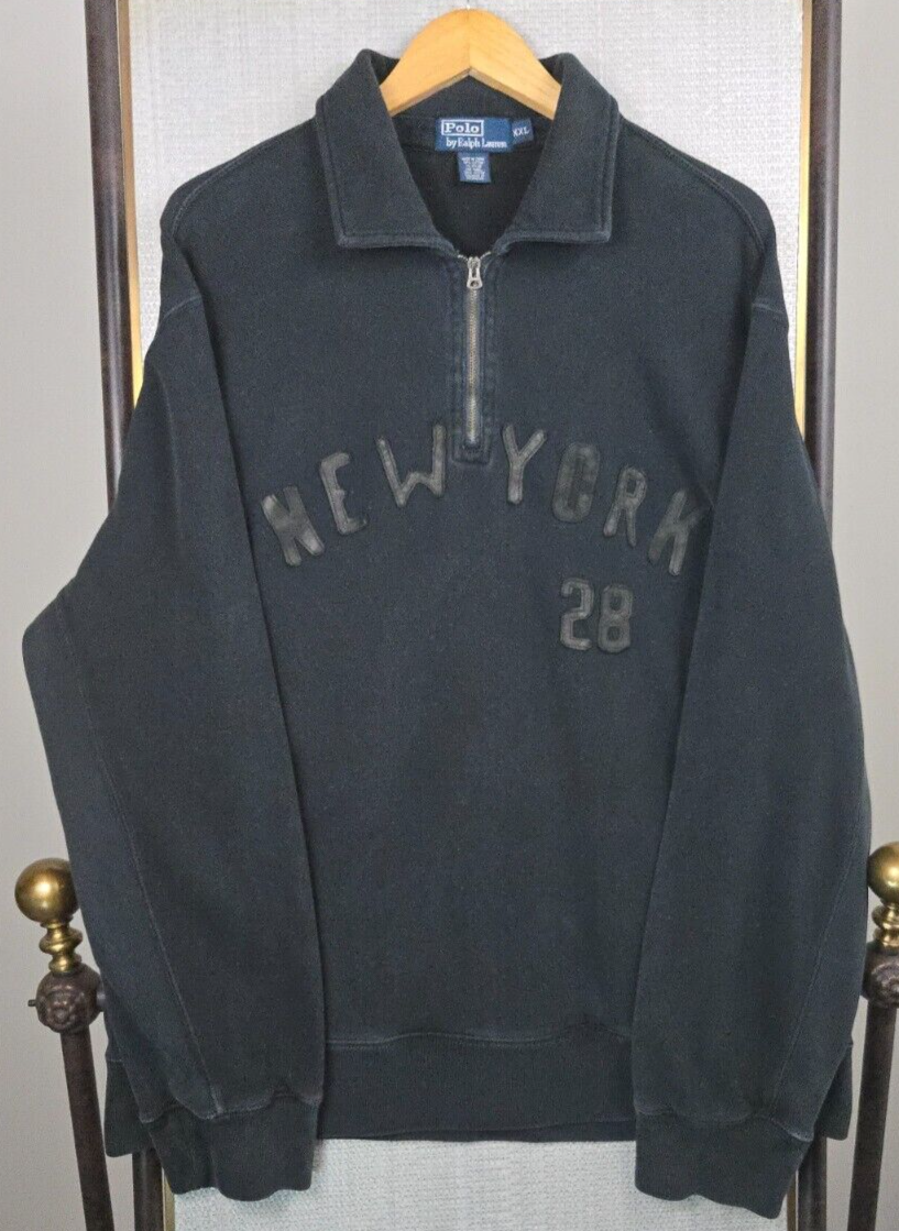PONY Polo vintage RALPH LAUREN x NEW YORK 1 4 zip colletto felpa taglia 2XL uomo tasche