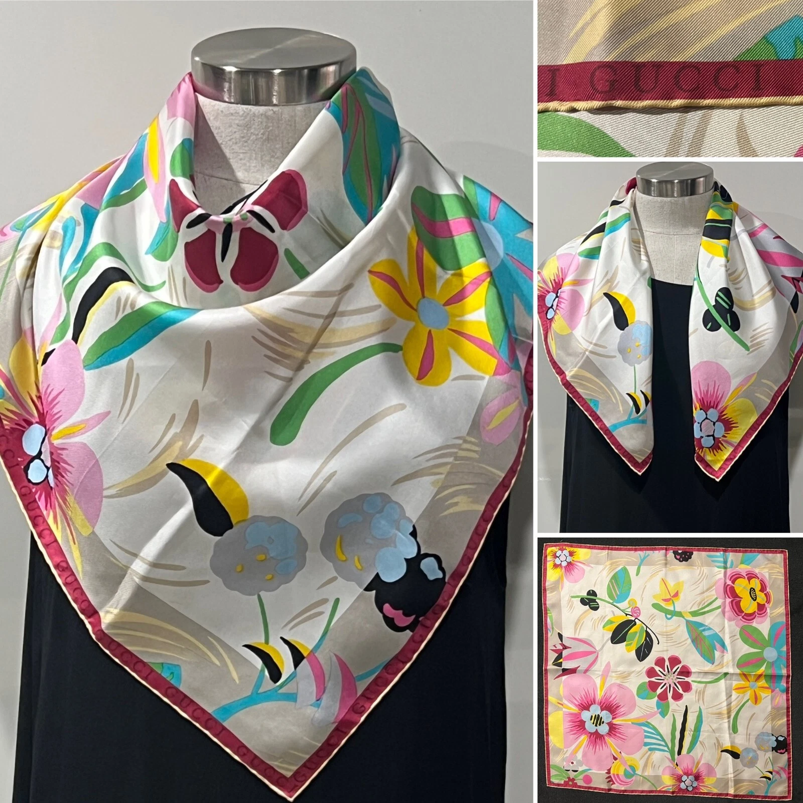 GUCCI Italie soie rose/blanche sergé écharpe florale brillante 67 cm x 67 cm ourlets à main