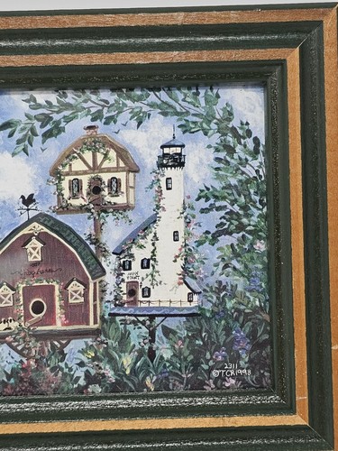 Vintage Birdhouses & Flowers Framed Colorful Picture - Picture 11 of 12