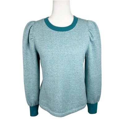 Loft Sweater Women Medium Petite Green Pullover Crew Neck Puff