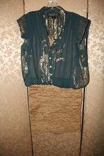 Nicole Miller Collection Teal Gold Metallic Ruched Blouson Shirt Dress M