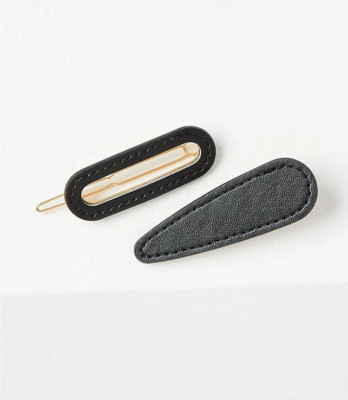 NEW Loft Ann Taylor Black Faux Leather Hair Barrette Clip Set Bundle Minimalist
