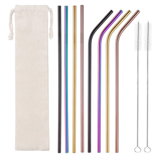8x Stainless Steel Reusable Extra Long Metal Drinking Straw, 2 Brush & Eco Pouch - Imagen 1 de 34
