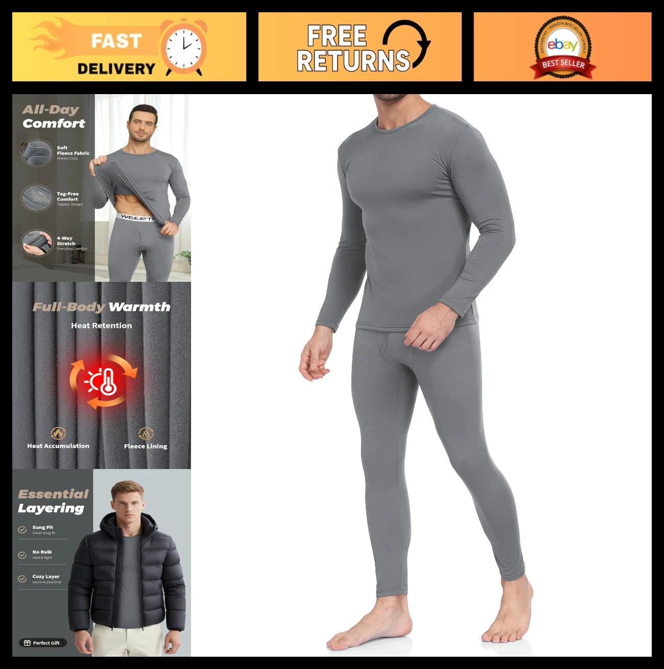 Men's Thermal Underwear Set - Fleece Lined Long Johns Base Layer for Cold Weathe