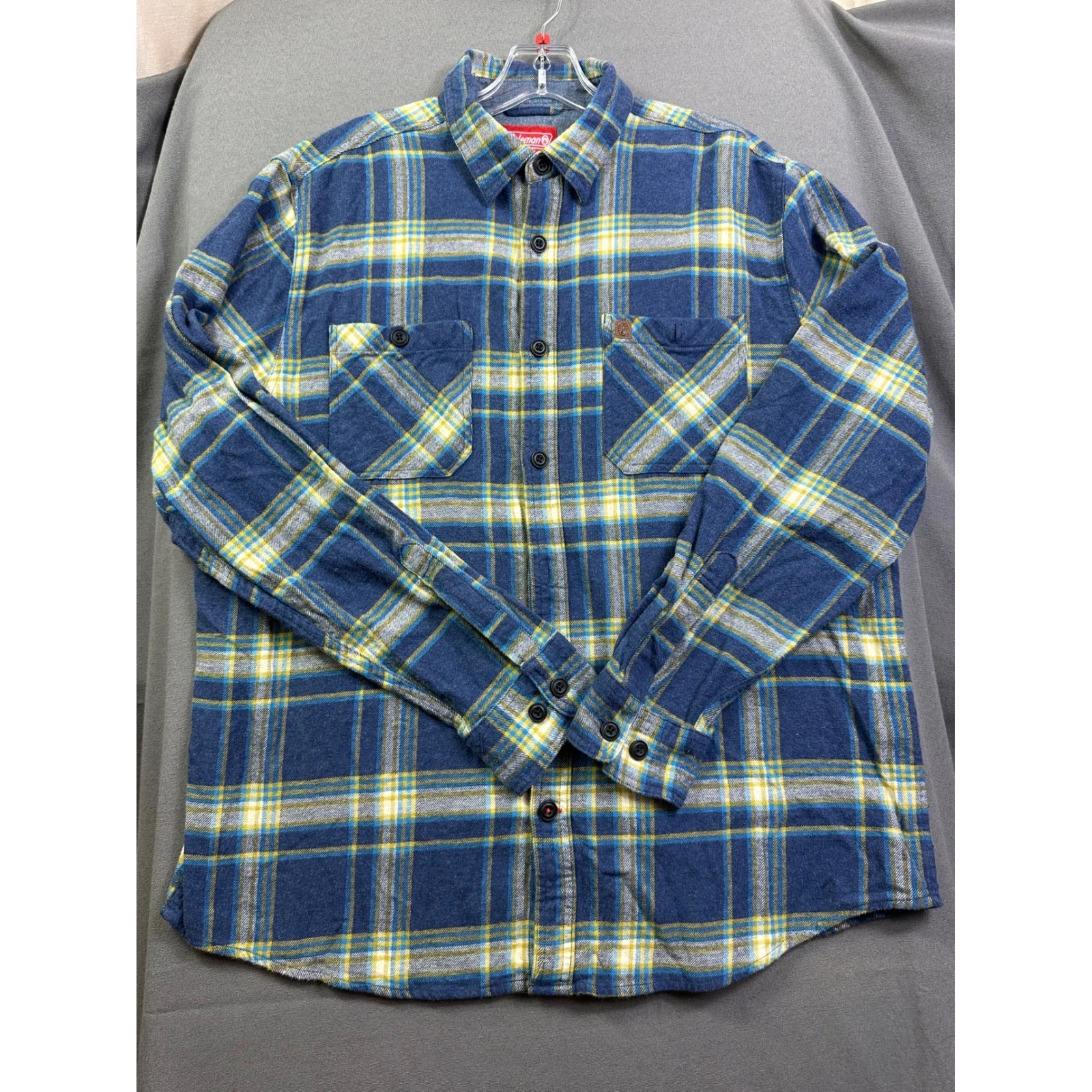 Coleman Mens XL Blue Yellow Plaid Flannel Button Down Long Sleeve Shirt Cotton