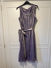 Jacques Vert lilac and grey occasion dress striped, flower tie belt size 14