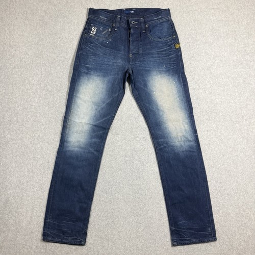 G Star Raw Jeans 29x32 Blue Attacc Straight Zip Pocket Faded Splattered Italy