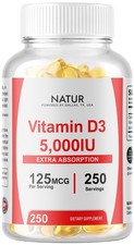 Vitamin D3 5,000 IU Extra Absorption Gluten Free Non-GMO 250 - Softgels 125mcg