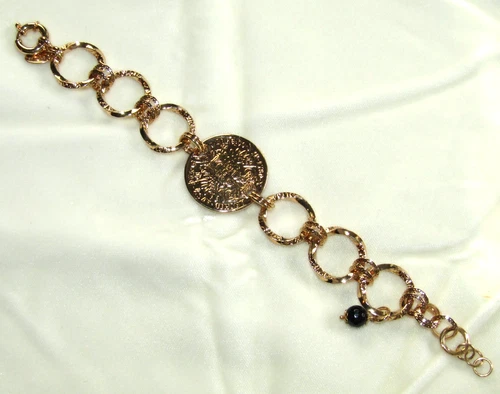 BELLEZZA LIRA COIN BRONZE CHAIN LINK BRACELET WITH FACETED BEAD CHARM 9" image 3
