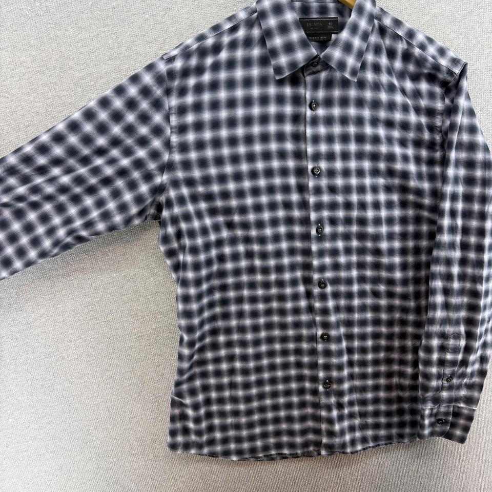 Camisa Prada Para Hombres 40 15-3/4 Azul Cuadros Ligera Suave Algodón Jersey Abotonable Foto 4 de 4