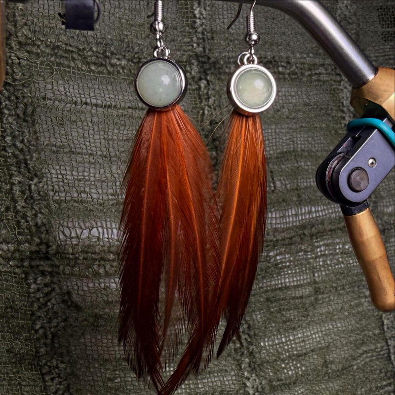 Whiting Farms Feather Dangle Earrings Green Adventurine Charm