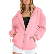 Women Long Sleeve Plain Hoodie Tops Ladies Casual Baggy Zip Up Hooded Sweatshirt