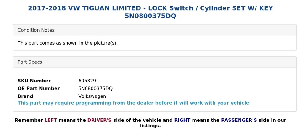 2017-2018 VW TIGUAN LIMITED - LOCK Switch / Cylinder SET W/ KEY 5N0800375DQ - Image 4 of 4