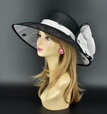 M95 White/Black Polka Kentucky Derby Church Royal Ascot Wide Brim Sinamay hat