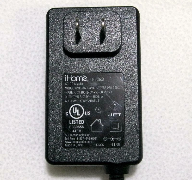 Fuente de alimentación original iHome 9IH508cB adaptador de CA/CC Y27FE-075-3500U - PROBADO Foto 2 de 4