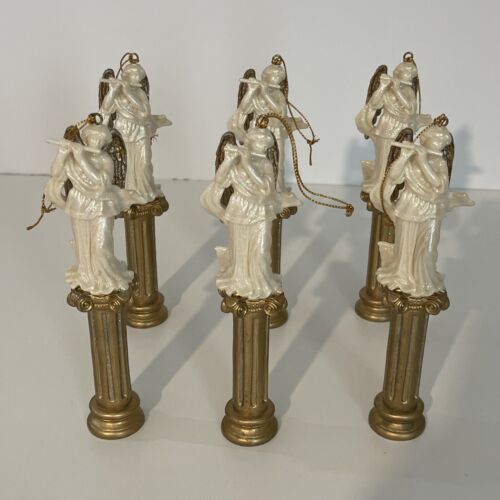 Lot de 6 anges paillettes en or blanc avec flûte ornements RARE - Photo 1/11