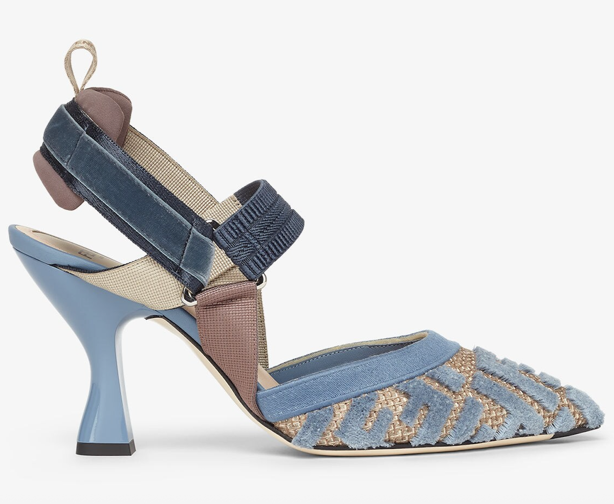 Fendi Colibri Lite 85 Blue Velvet Beige FF Logo Pointed Slingback