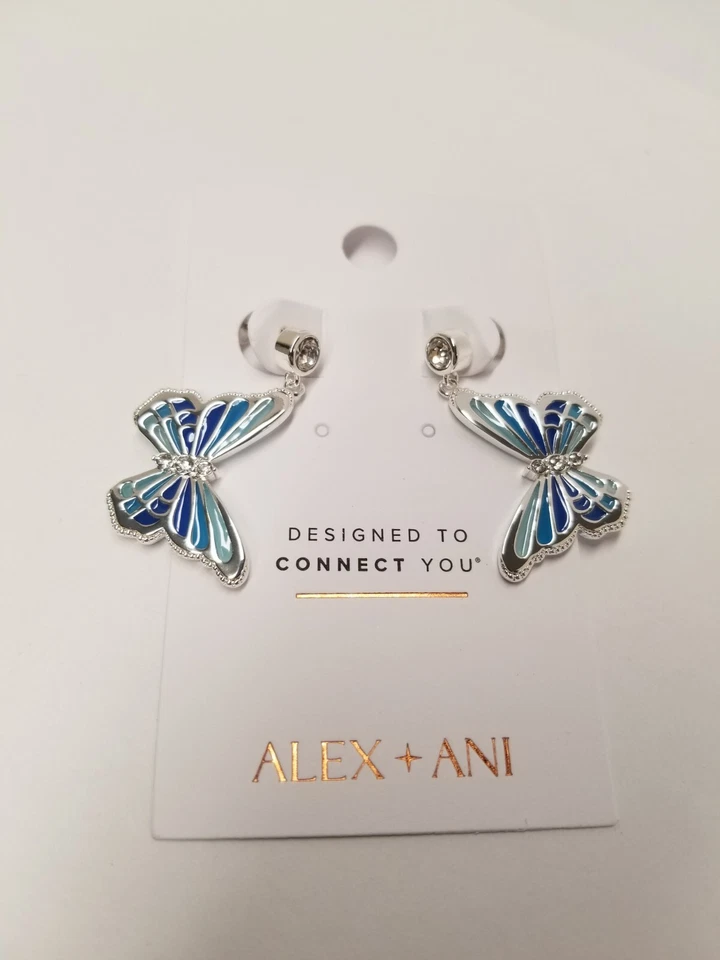 Pendientes colgantes Alex And Ani azul mariposa cristal tono plata Foto 3 de 4