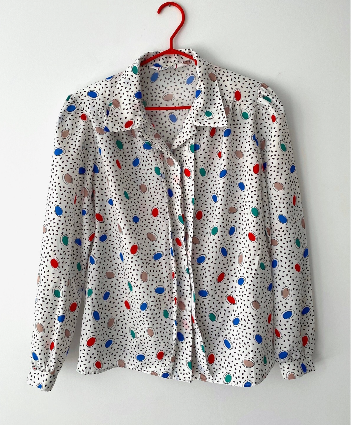 80s vintage colorful polka dot pleated silky button-up blouse  