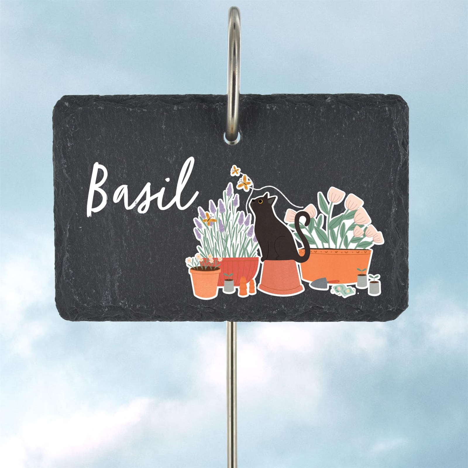 BASIL HERB GARDEN MARKER CAT GARDENERS GIFT IDEA SLATE GARDEN STAKE