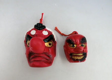 Japanese Vintage NETSUKE Charm Kagura Mask TENGU N Set of 2 Pottery
