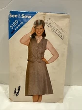Vintage See & Sew Pattern 5189 Misses’ Vest and Skirt V Neck Flared Gored Skirt