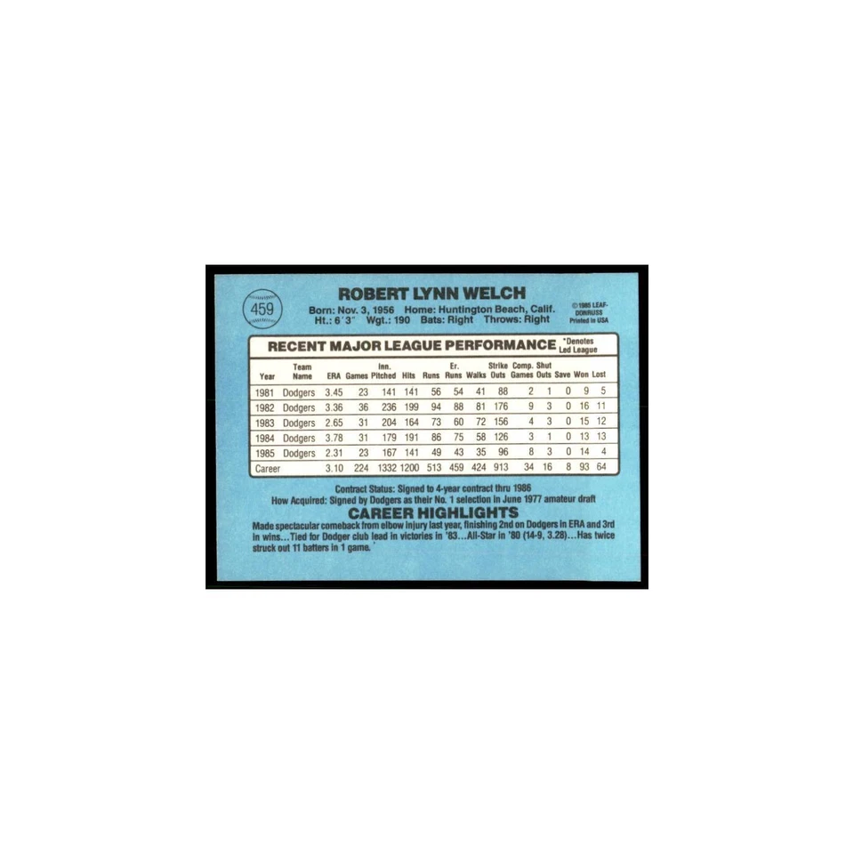 1986 Donruss Bob Welch Dodgers #459 - Image 2 of 3