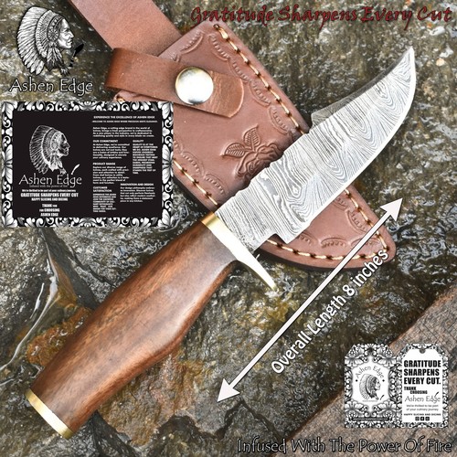 Ashen Edge Hand Forged Knife USA Skinner Knife Twist Damascus Walnut Wood Sports