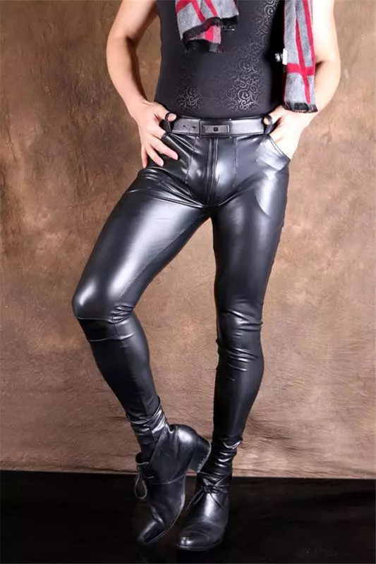 Men Sexy Tight trousers Faux Leather Trousers Slim Punk Stretch