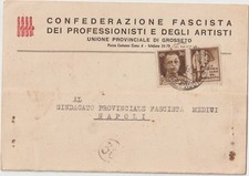 ITALIA 1943 30C P.M. ISOLATO SU LETTERA CONFEDERAZIONE FASCISTA ARTISTI GROSSETO