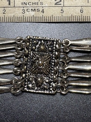Vtg Taxco Mexico 925 W/7 Ornate Oxidized Repouse Panels Joined Elongated Dis