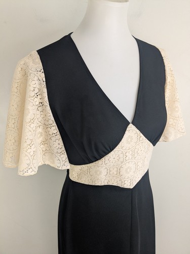 Vintage 70s Bohemian Hippy Prom Maxi Dress Black Cream Lace Flutter Sleeve 6 8 - Picture 4 of 14