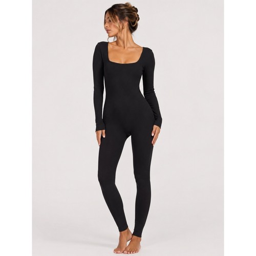 OQQ Black Ribbed Long Sleeve Thumbhole Square Neck Seamless Jumpsuit S NWOT New