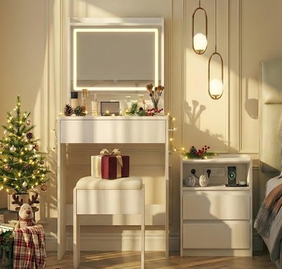 24'' White Makeupu Vanity Desk Set with Lighted Mirror & Charging Station