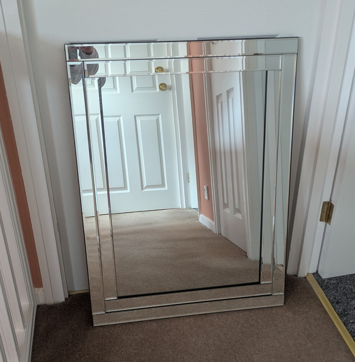 Modern Rectangular Silver Framed Wall Mirror Bevelled Stepped Border 77x61cm
