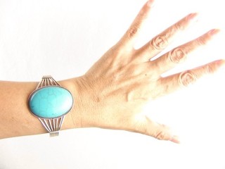 Navajo Pat Yazzier 31g BIG 7" Sterling Blocked Turquoise Cuff Bracelet Native